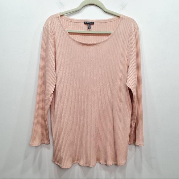Eileen Fisher Tencel Stretch Ridge Ballet Neck Ribbed Top Dune Size XL - Picture 2 of 15